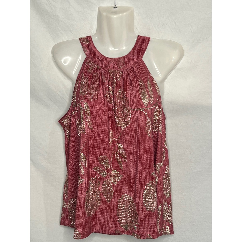 Anthropologie Feather Bone Halter Tank Top Blouse Crinkle Floral Sz M Pink Glam